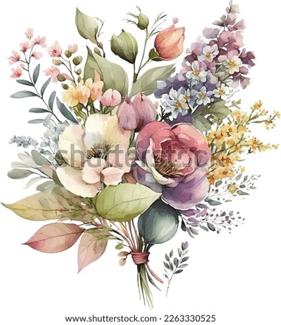 Vintage flower watercolor spring concept. Vintage flowers bouquet with spring flowers and leaves for invitation, greeting card, poster, frame, wedding, decoration and more.