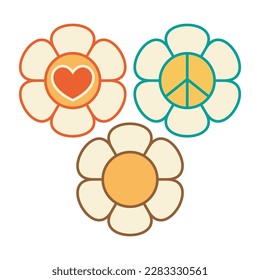 Vintage Flowers 70s design vector illustration. Retro 60s and 80s hippy old flora icon smile face 