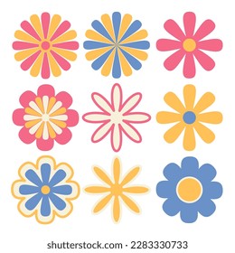 Vintage Flowers 70s design vector illustration. Retro 60s and 80s hippy old flora icon smile face 