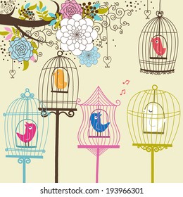 Vintage Flowers and Birdcage - Illustration