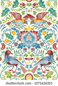 Vintage flowers and birds seamless pattern on light background. Color vector illustration.