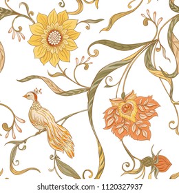 Vintage flowers and birds seamless pattern, background.  In art nouveau style, vintage, old, retro style. Vector illustration. Isolated on white background.