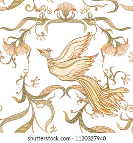 Vintage flowers and birds seamless pattern, background.  In art nouveau style, vintage, old, retro style. Vector illustration. Isolated on white background.