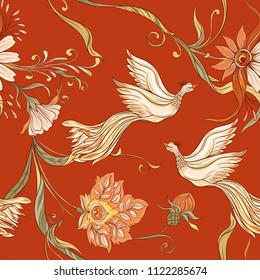 Vintage flowers and birds seamless pattern, background.  In art nouveau style, vintage, old, retro style. Vector illustration. On red background.