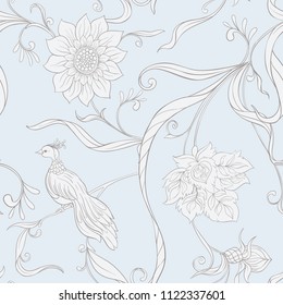 Vintage flowers and birds seamless pattern, background.  In art nouveau style, vintage, old, retro style. Vector illustration. In vintage blue and beige colors.