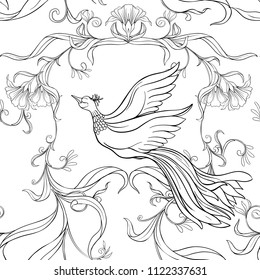 Vintage flowers and birds seamless pattern, background.  In art nouveau style, vintage, old, retro style. Vector illustration. Outline drawing. 