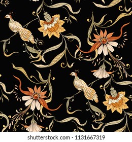 Vintage flowers and birds seamless pattern, background.  In art nouveau style, vintage, old, retro style. Vector illustration. On dlack background.