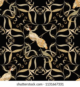 Vintage flowers and birds seamless pattern, background.  In art nouveau style, vintage, old, retro style. Vector illustration. On dlack background.