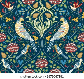 Vintage flowers and birds seamless pattern on dark blue background. Color vector illustration.