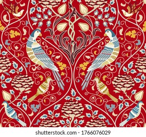 Vintage flowers and birds seamless pattern on red background. Vector illustration.