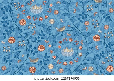 Vintage flowers and birds seamless pattern on blue background. Vector illustration.