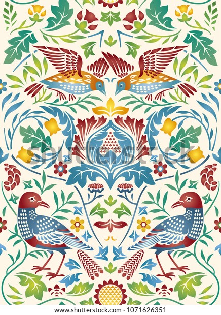 Vintage flowers and birds seamless pattern on light background. Color vector illustration.