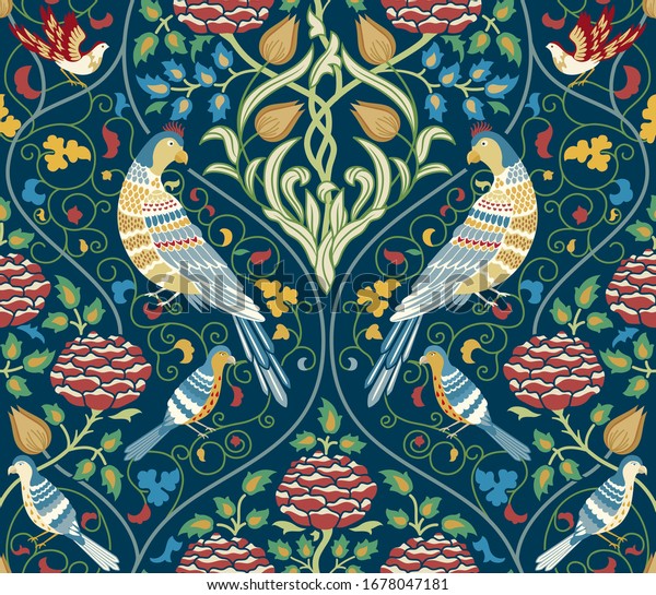 Vintage flowers and birds seamless pattern on dark blue background. Color vector illustration.