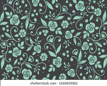 vintage flowers black green aqua menthe