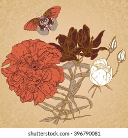 vintage flowers bouquet and butterfly