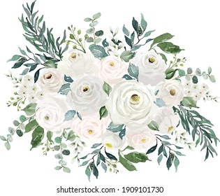 Vintage flowers bouquet with green leaves painting watercolor illustration vector