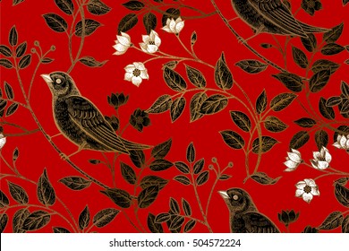 Vintage flowers, branches, leaves, birds. Print gold foil on a red background. Vector seamless pattern. Illustration for fabrics, phone case paper, gift packaging, textiles, interior design, cover.