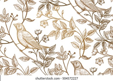 Vintage flowers, branches, leaves, birds. Print gold foil on a white background. Vector seamless pattern. Illustration for fabrics, phone case paper, gift packaging, textiles, interior design, cover.