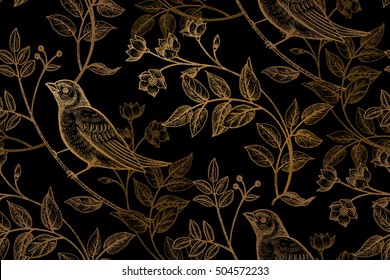 Vintage flowers, branches, leaves, birds. Print gold foil on a black background. Vector seamless pattern. Illustration for fabrics, phone case paper, gift packaging, textiles, interior design, cover.
