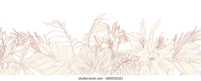 Vintage flowers with buds, small flower, leaves and silhouette background. Line vintage style. Horizontal border illustration. Perfect for print, textile, cards and apparel.