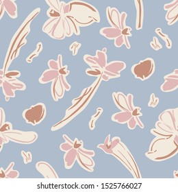 Vintage Flowers and Butterfly Seamless Pattern with Light Blue Background
