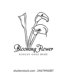 Vintage Flowers clematis. Hand drawn engraving sketch. Vector botanical illustration black and white graphics element for design logo branding