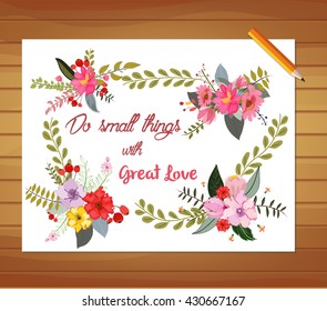 Vintage flowers. Colorful hand drawn floral lettering card