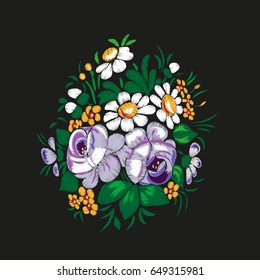 Vintage flowers embroidery patch for fashion. Satin stitch imitation. Vector illustration.