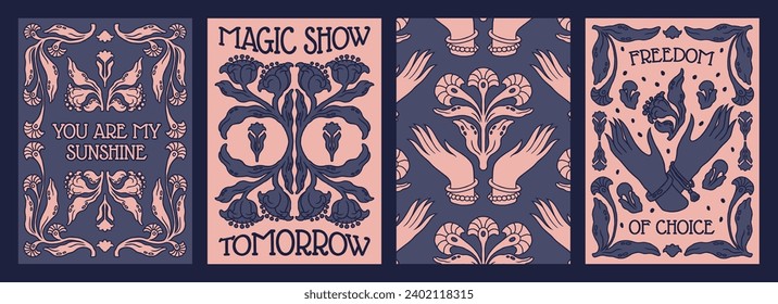 Vintage flowers. Floral Boho plants. Mystic cards. Retro graphic sun. Celestial magic garden. Magic show. Tarot ornament background. Hands with blossoms and leaves. Botanical frame. Vector posters set