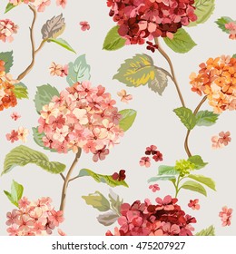 Vintage Flowers - Floral Hortensia Background - Seamless Pattern for Design, Print, Textile, Scrapbook - in Vector