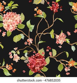 Vintage Flowers - Floral Hortensia Background - Seamless Pattern for Design, Print, Textile, Scrapbook - in Vector