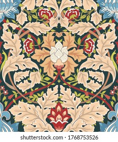 Vintage flowers and foliage seamless ornament on dark background. Vector illustration.