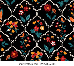 Vintage flowers and foliage seamless ornament on dark background. Vector illustration. vintage ethnic ornamental flowers pattern mughal art. 