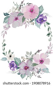 Vintage flowers with green leaves oval wreath painting watercolor illustration vector