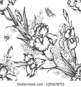 Vintage flowers irises. Seamless pattern. Vector Illustration.