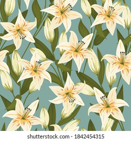 Vintage flowers and leaves. A bouquet of lilies. Seamless patterns. Pastel colors. Isolated vector illustrations.