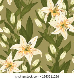Vintage flowers and leaves. A bouquet of lilies. Seamless patterns. Pastel colors. Isolated vector illustrations.