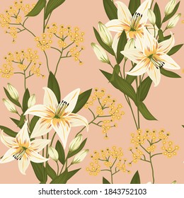 Vintage flowers and leaves. A bouquet of lilies. Seamless patterns. Pastel colors. Isolated vector illustrations.