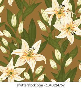 Vintage flowers and leaves. A bouquet of lilies. Seamless patterns. Pastel colors. Isolated vector illustrations.