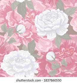 Vintage flowers and leaves. Bouquets of peonies. Seamless patterns. Isolated vector illustrations.