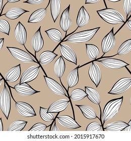 Vintage flowers and leaves. Seamless pattern. Branches. Line art. Design for printing on fabric, wallpaper, paper.