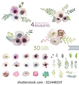 Flores e folhas vintage - em estilo aquarela - vetor