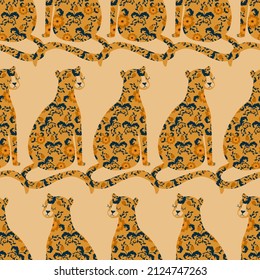 Vintage flowers and leopard hand drawn vector illustration. Cute wild cats with floral ornament. Retro seamless pattern.