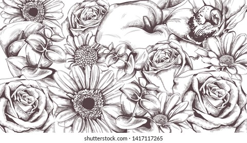 Vintage flowers pattern Vector line art. Roses and sunflower detailed texture