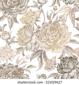 Vintage flowers peonies, branches, leaves. Print gold foil on a white background. Vector seamless pattern. Illustration for fabrics, phone case, paper, gift packaging, textiles, interior design, cover