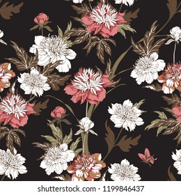 Vintage flowers peonies. Seamless pattern. Vector Illustration for phone case, fabrics, textiles, interior design, cover, paper, gift packaging.