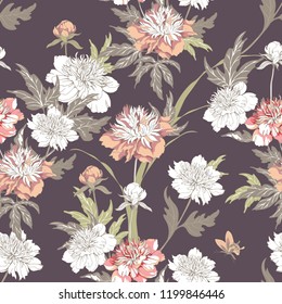 Vintage flowers peonies. Seamless pattern. Vector Illustration for phone case, fabrics, textiles, interior design, cover, paper, gift packaging.