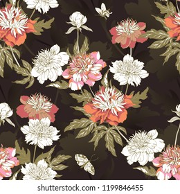 Vintage flowers peonies. Seamless pattern. Vector Illustration for phone case, fabrics, textiles, interior design, cover, paper, gift packaging.