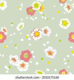 Vintage flowers and petals pattern. Seamless texture. Fabric print. Provence style cute wallpaper.  Green, white and red pastel colors. Vector background