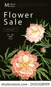 Vintage flowers poster concept. Discounts and promotions, sales. Flyer, booklet and leaflet for flower shop or store. Bloom and blossom spring plants. Cartoon flat vector illustration